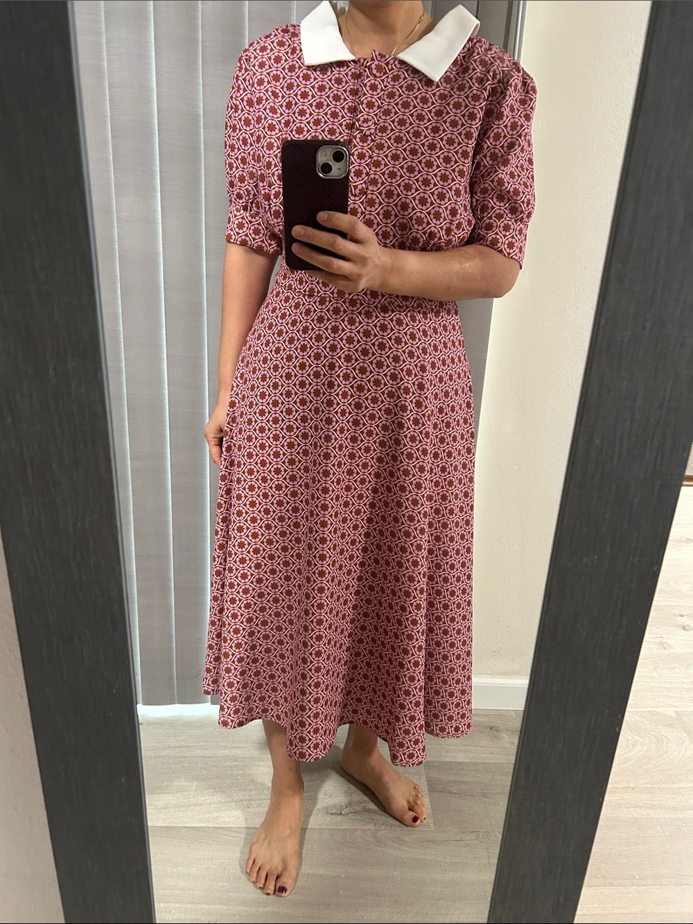 Classic Collared Midi Dress in Burgundy Print
